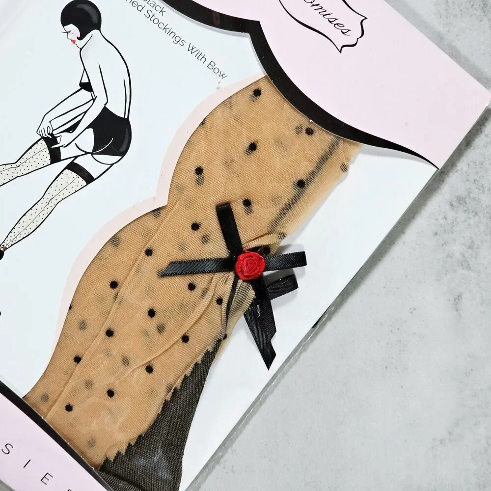 Playful Promises Sheer Dotted Seamed Stockings with Bow, Nude/Black, Size M